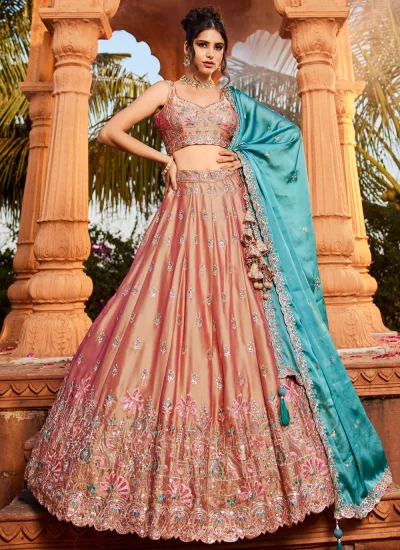 Astonishing Zari Beige and Peach Georgette Designer Long Lehenga Choli