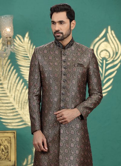 Banarasi Jacquard Buttons Black Sherwani 
                            Banarasi Jacquard Buttons Black Sherwani