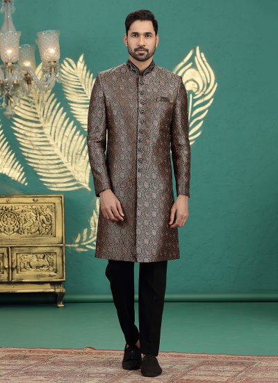 Banarasi Jacquard Buttons Black Sherwani