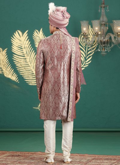Banarasi Jacquard Wine Handwork Sherwani 
                            Banarasi Jacquard Wine Handwork Sherwani