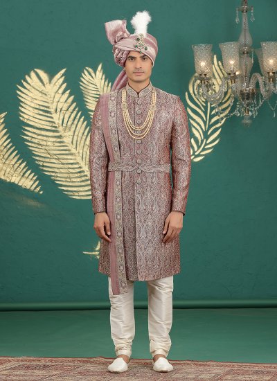 Banarasi Jacquard Wine Handwork Sherwani