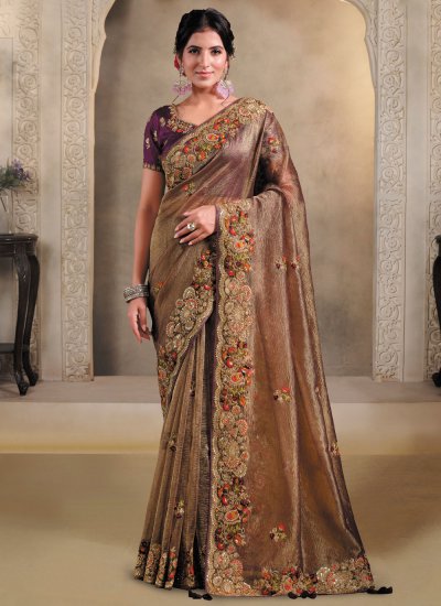 Banarasi Silk Brown Sequins Traditional Saree