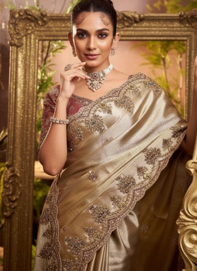 
                            Beige Embroidered Trendy Saree