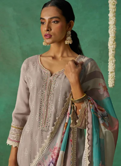
                            Beige Organza Embroidered Readymade Salwar Kameez
