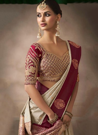 
                            Beige Satin Silk Sangeet Contemporary Saree