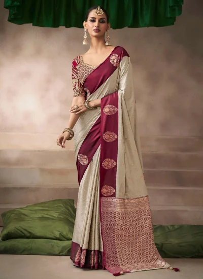 Beige Satin Silk Sangeet Contemporary Saree