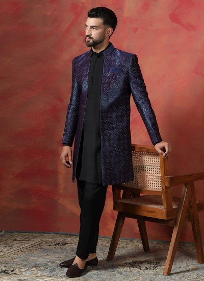 Black and Navy Blue Jacquard Sherwani 
                            Black and Navy Blue Jacquard Sherwani
