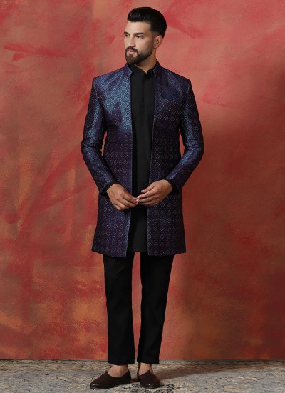 Black and Navy Blue Jacquard Sherwani