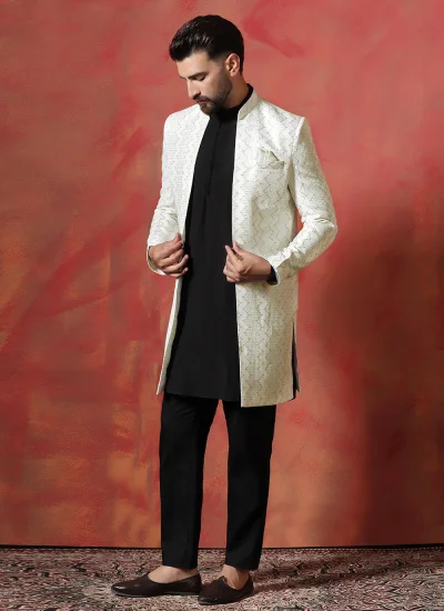 
                            Black and White Blended Cotton Embroidered Sherwani