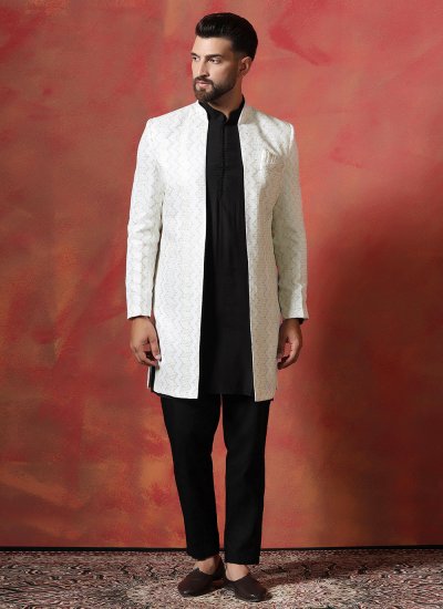 Black and White Blended Cotton Embroidered Sherwani