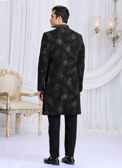 
                            Black Machine Embroidery  Engagement Indo Western Sherwani