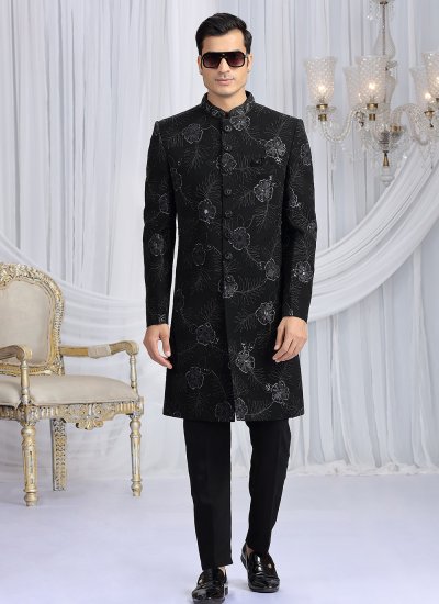 Black Machine Embroidery  Engagement Indo Western Sherwani