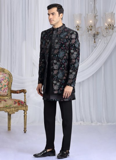 
                            Black Machine Embroidery  Velvet Indo Western
