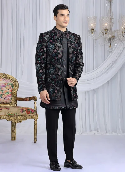 Black Machine Embroidery  Velvet Indo Western