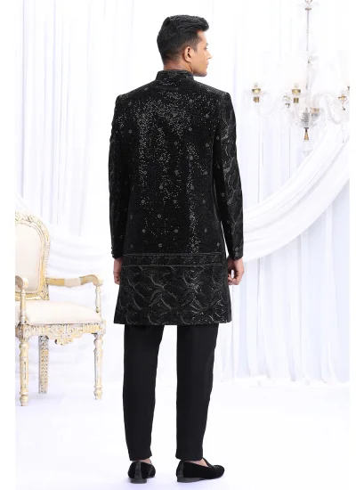 
                            Black Machine Embroidery  Wedding Indo Western Sherwani