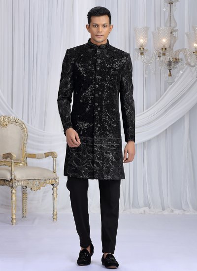 Black Machine Embroidery  Wedding Indo Western Sherwani