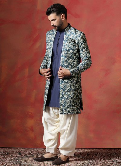 
                            Blended Cotton Blue Paisley Print Sherwani