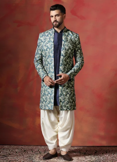 Blended Cotton Blue Paisley Print Sherwani