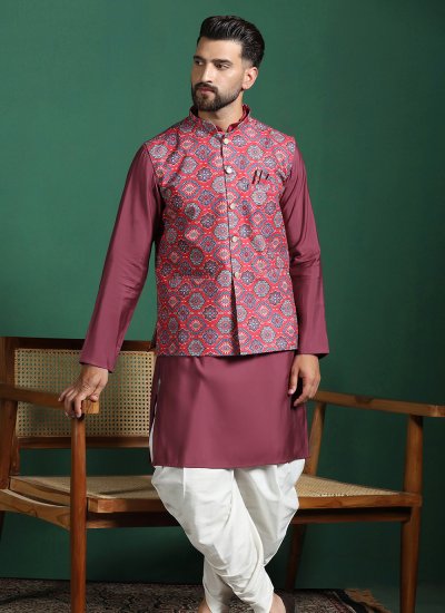 Blended Cotton Floral Print Red Nehru Jackets