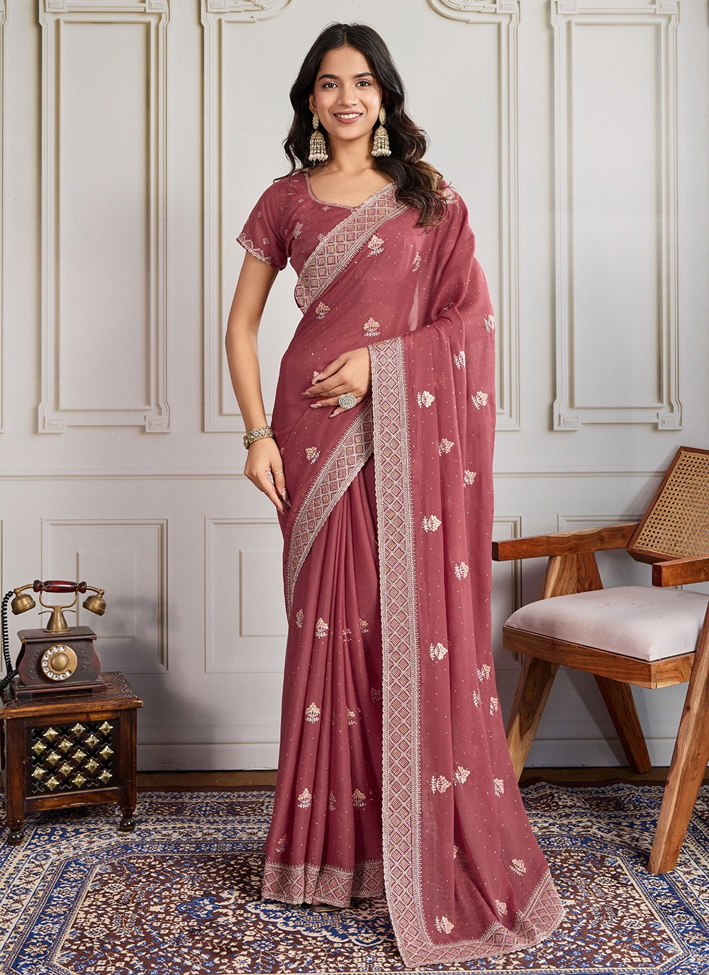 Saree Gown Blissful Peach Jacket Style Saree With Belt Light Pink