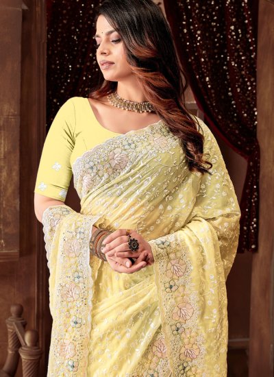
                            Blooming Cream and Yellow Georgette Contemporary Saree