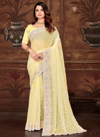Blooming Cream and Yellow Georgette Contemporary Saree