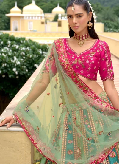 Blue and Sea Green Silk Cutwork Designer Lehenga Choli 
                            Blue and Sea Green Silk Cutwork Designer Lehenga Choli