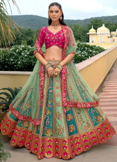 Blue and Sea Green Silk Cutwork Designer Lehenga Choli