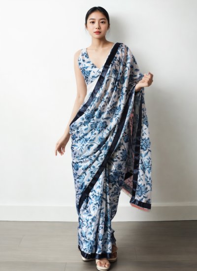 Blue and White Chinon Festival Trendy Saree
