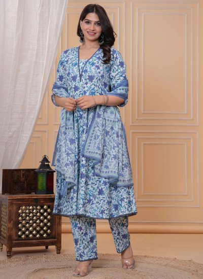 Blue Cotton Printed Trendy Salwar Kameez