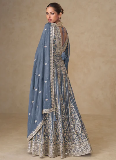 
                            Blue Embroidered Chinon Readymade Salwar Kameez