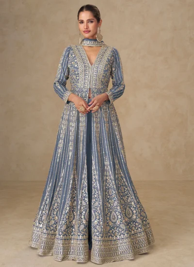 Blue Embroidered Chinon Readymade Salwar Kameez