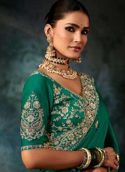 
                            Breathtaking Satin Green Embroidered Classic Saree