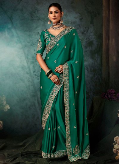 Breathtaking Satin Green Embroidered Classic Saree