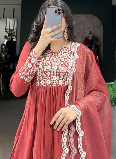 
                            Brilliant Cotton Thread Work Rust Pant Style Suit