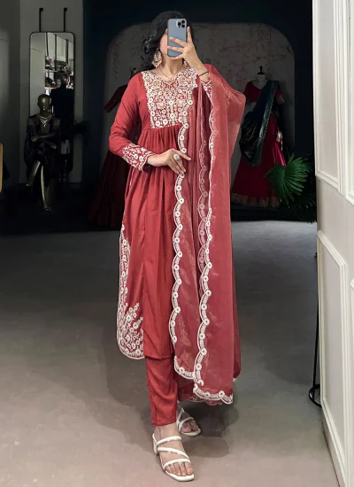 Brilliant Cotton Thread Work Rust Pant Style Suit