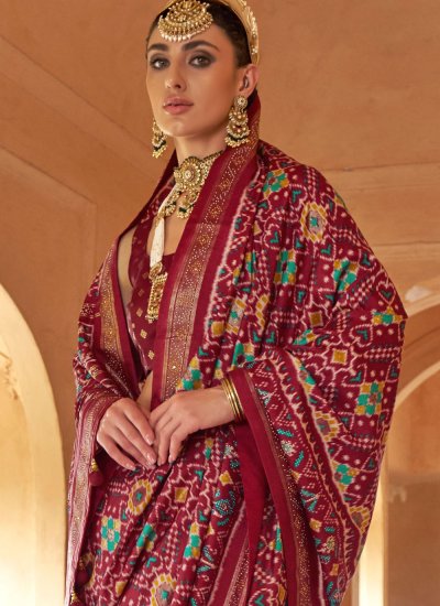 Burgundy Mehndi Silk Traditional Saree