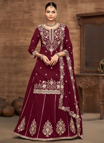 Burgundy Sequins Vichitra Silk Readymade Lehenga Choli