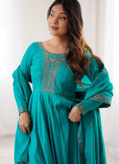 
                            Chanderi Silk Embroidered Sea Green Readymade Salwar Kameez