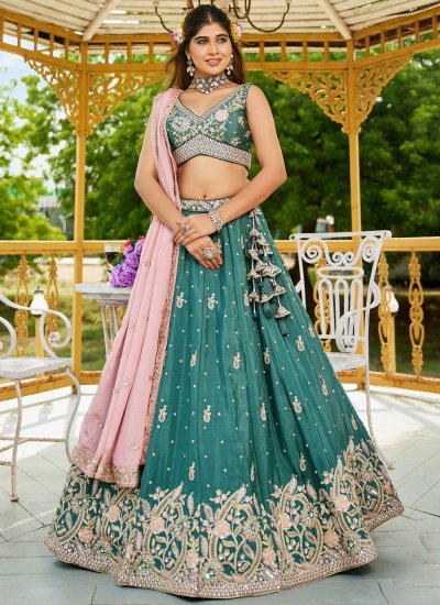 Chiffon Teal A Line Lehenga Choli