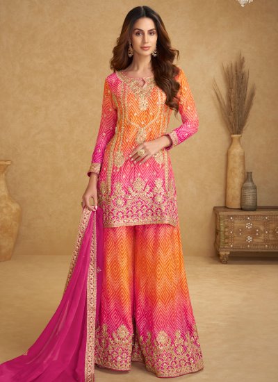 
                            Chinon Digital Print Designer Salwar Kameez in Orange and Pink