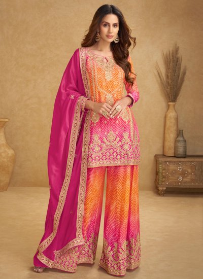 Chinon Digital Print Designer Salwar Kameez in Orange and Pink
