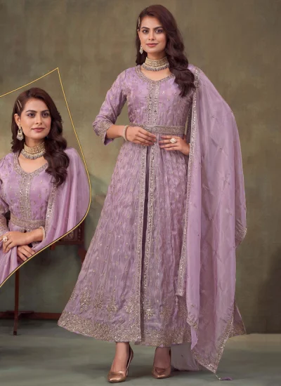 Chinon Embroidered Long Length Salwar Kameez in Lavender