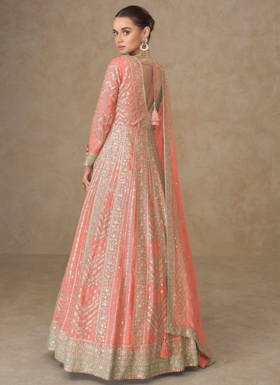 Chinon Zari Readymade Floor Length Gown  in Salmon