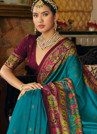 
                            Competent Print Aqua Blue Classic Saree