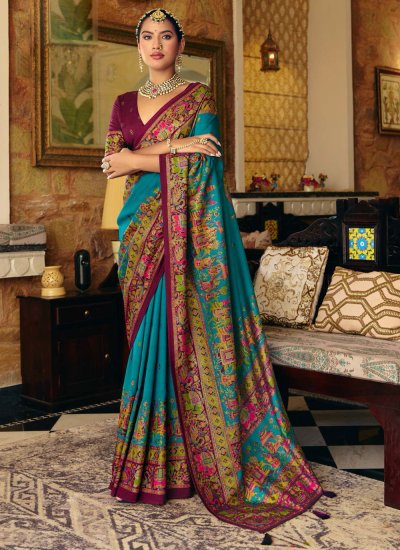 Competent Print Aqua Blue Classic Saree