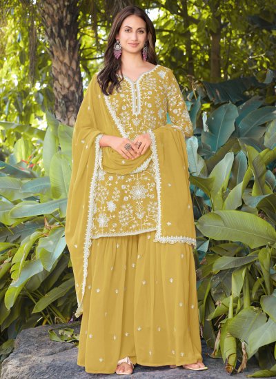 Congenial Mustard Beads Georgette Readymade Salwar Kameez