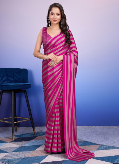 Congenial Pink Printed Satin Contemporary Saree