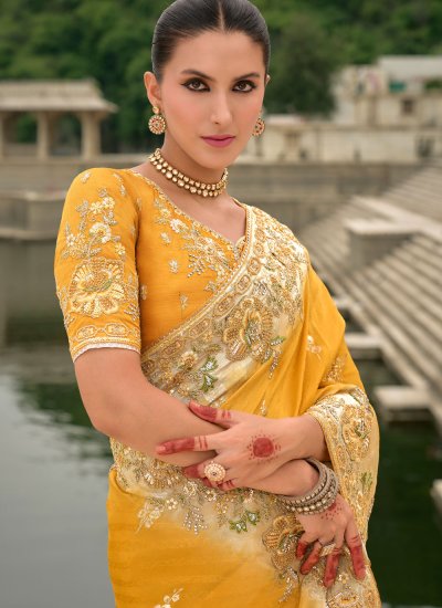 Congenial Sequins Yellow Viscose Traditional Saree