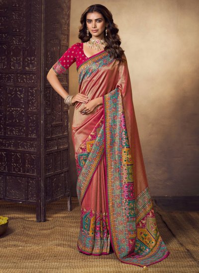 Congenial Viscose Peach Weaving Classic Saree